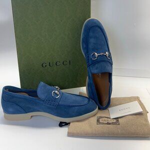 Gucci Kornard Horsebit Loafers Blue Suede Men Shoes Size 8.5